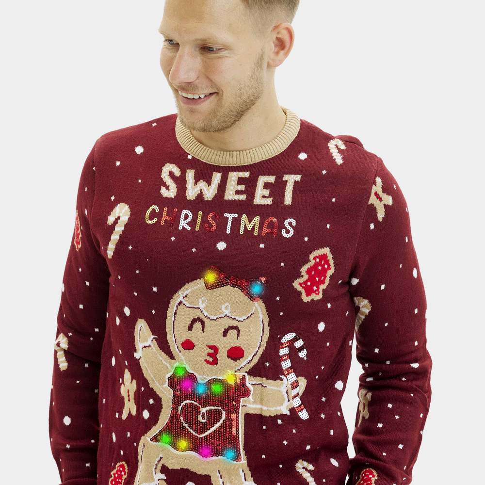 Red LED light-up Mens Ugly Christmas Sweater with Ginger Cookie