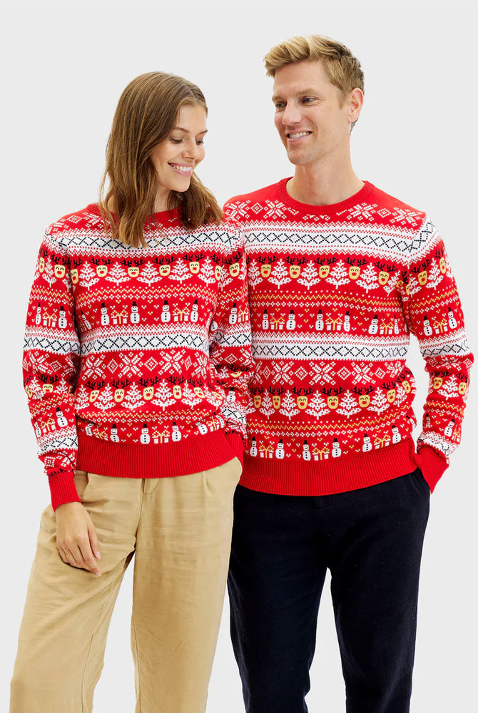 Red Organic Cotton Mens Womens Ugly Christmas Sweater Snowmen Trees