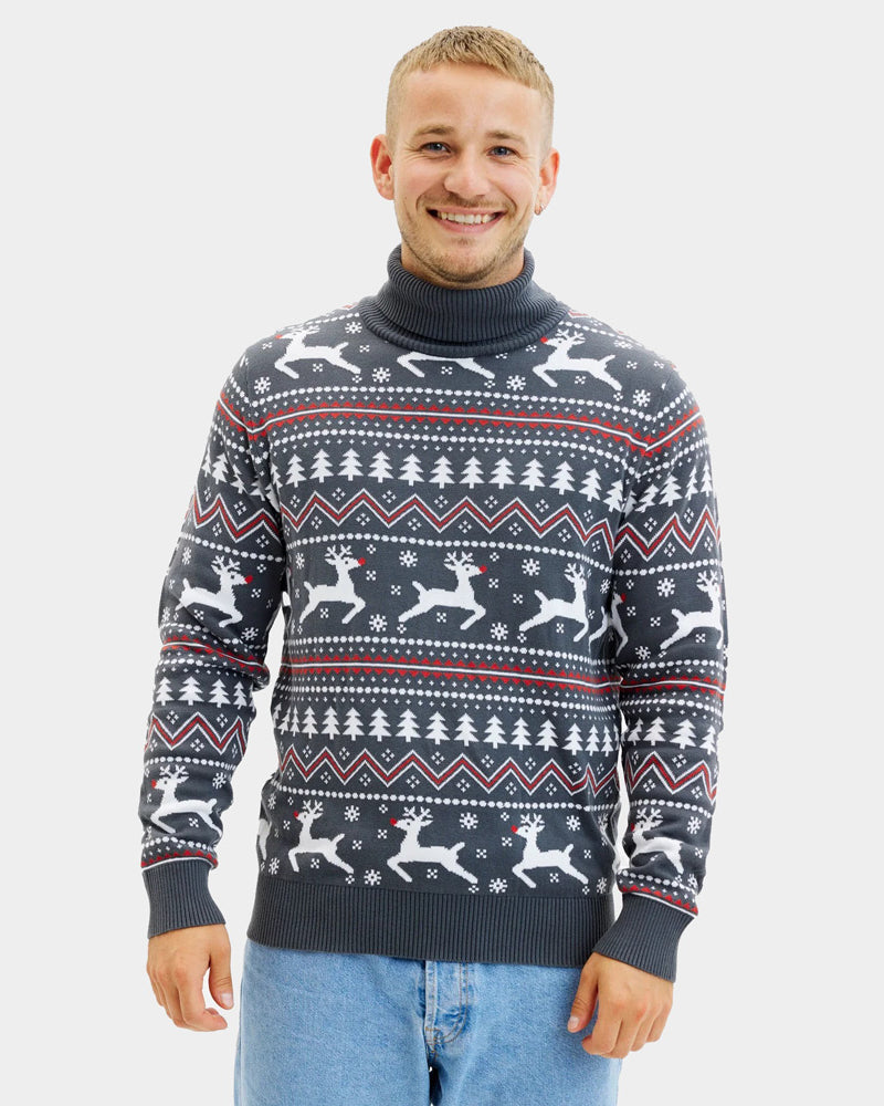 Turtleneck Organic Cotton Couple's Grey Ugly Christmas Sweater with Reindeers Mens