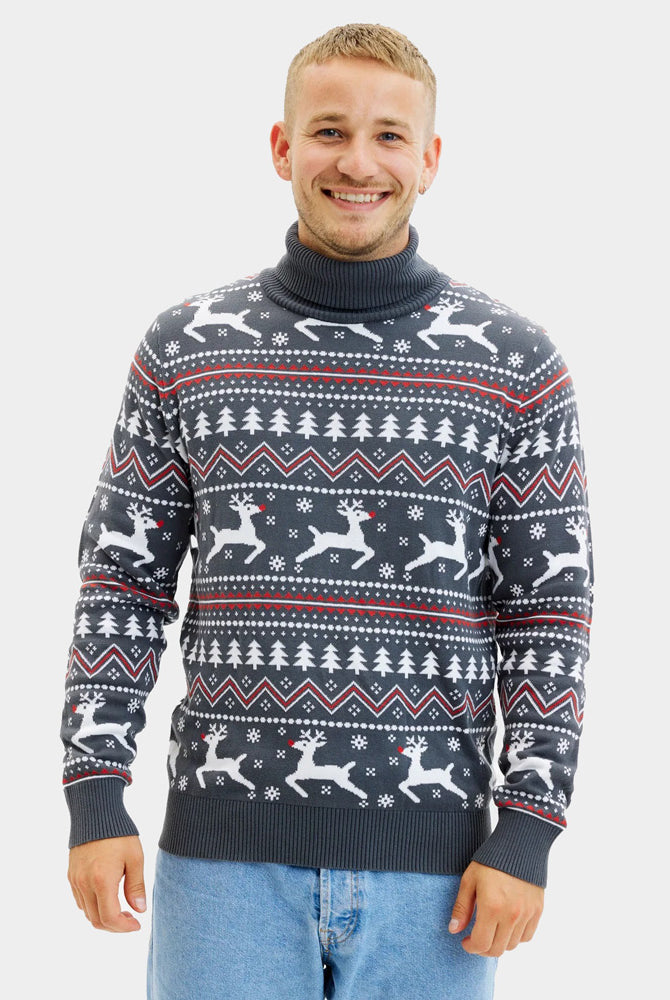 Turtleneck Organic Cotton Couple's Grey Ugly Christmas Sweater with Reindeers Mens