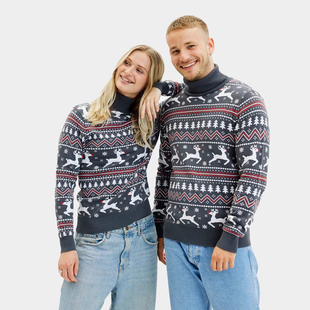 Turtleneck Organic Cotton Women's Grey Ugly Christmas Sweater with Reindeers Mens