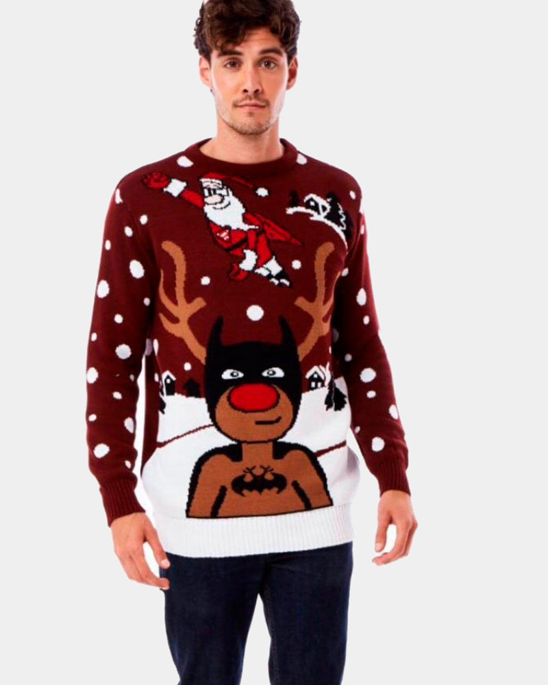Men's Ugly Christmas Sweater with Batman Rudolph Superman Santa
