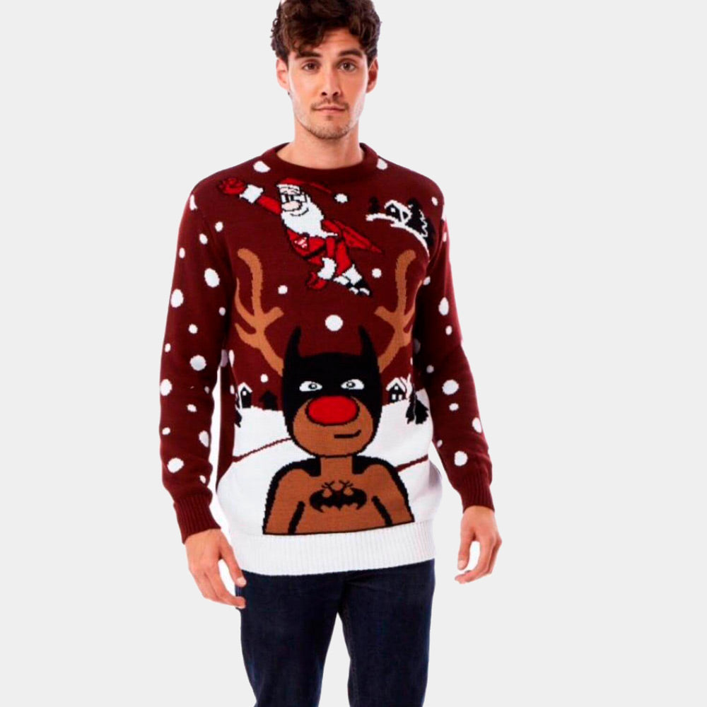 Men's Ugly Christmas Sweater with Batman Rudolph Superman Santa
