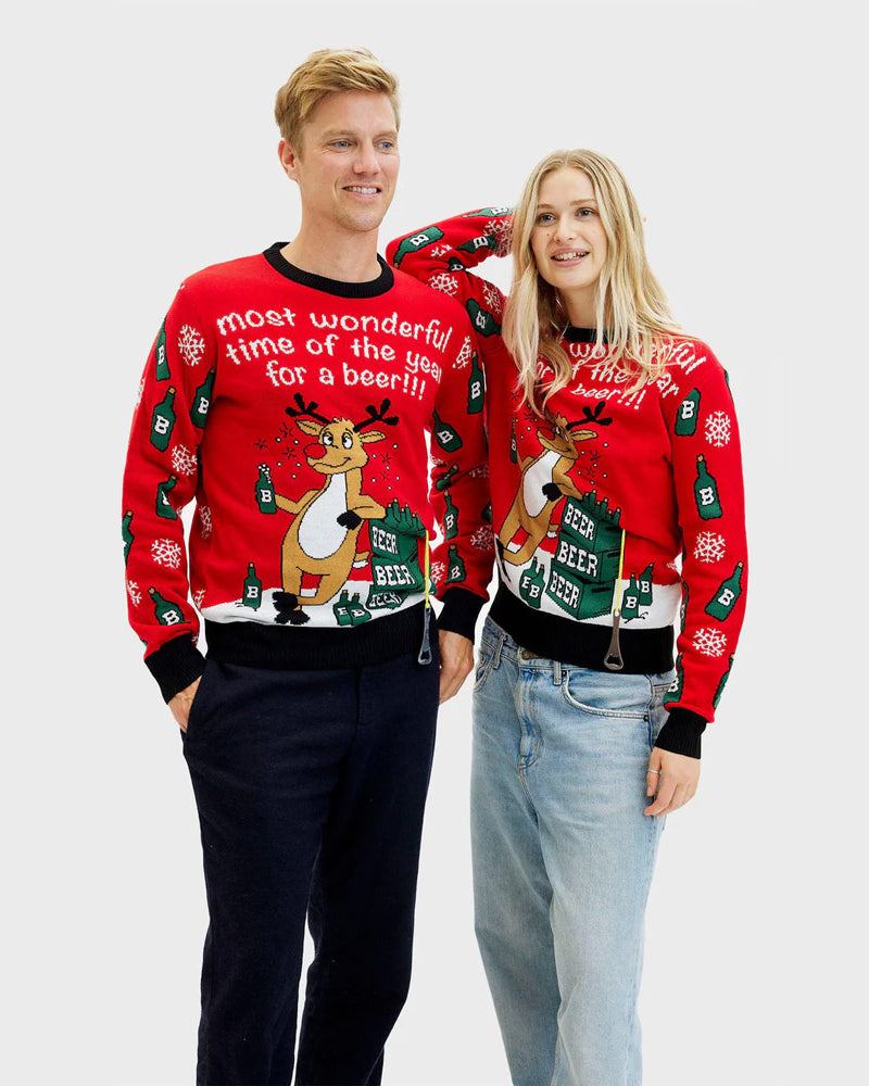 Mens Womens Ugly Christmas Sweater with Reindeer + Beer Opener