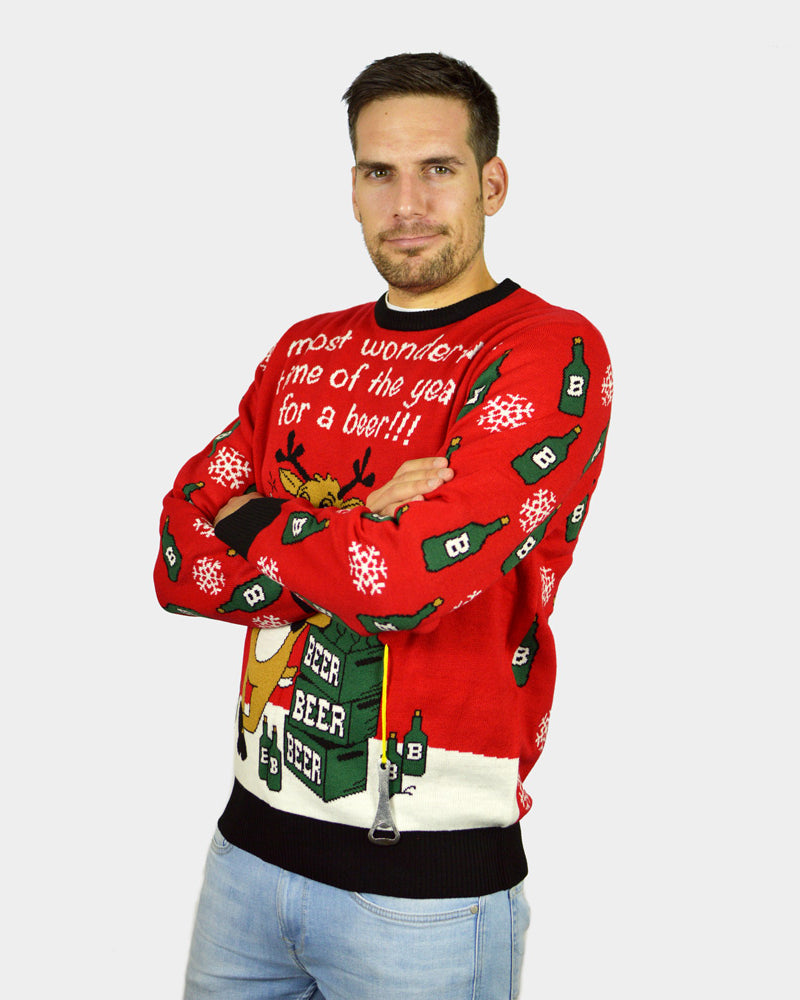 Ugly Christmas Sweater Mens Reindeer + Beer Opener