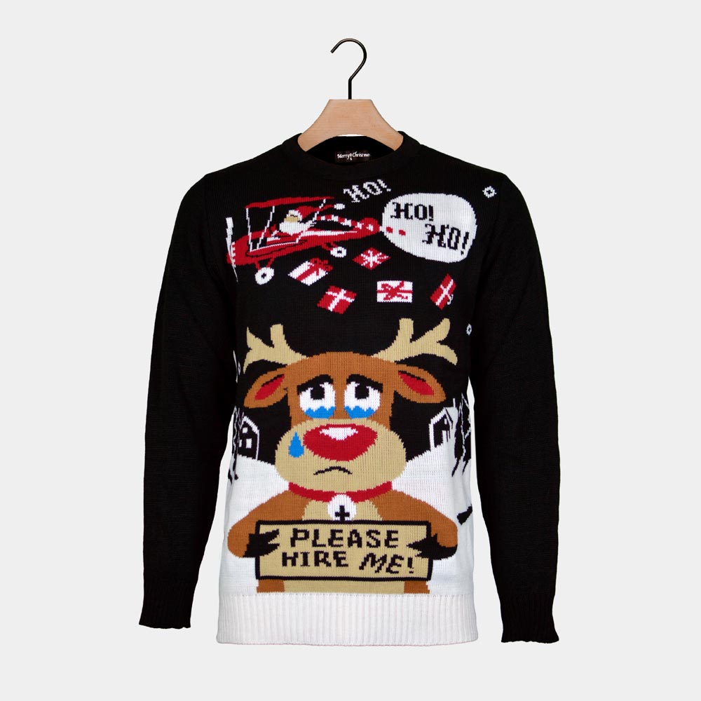 Men's Ugly Christmas Sweater with Reindeer looking for a Job