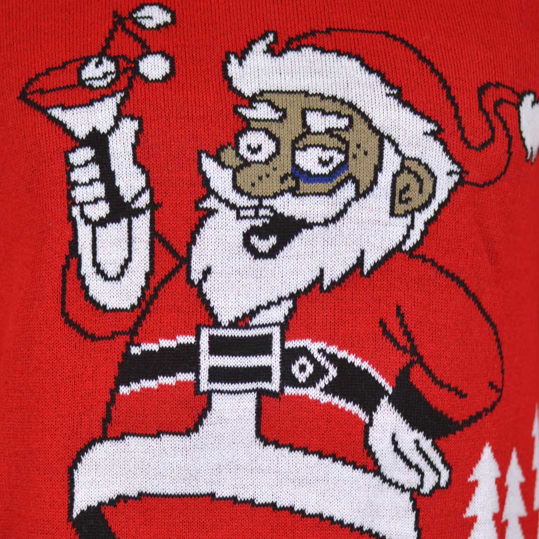 detail Men's Ugly Christmas Sweater with Santa drinking a Martini