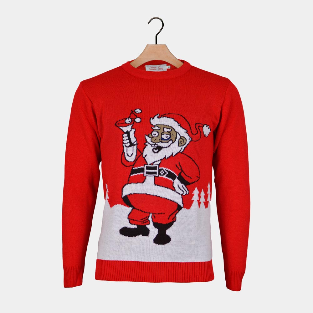 Men's Ugly Christmas Sweater with Santa drinking a Martini