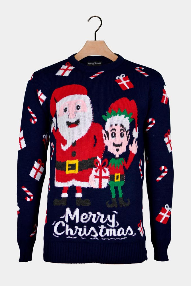 Men's Ugly Christmas Sweater with Santa and Elf