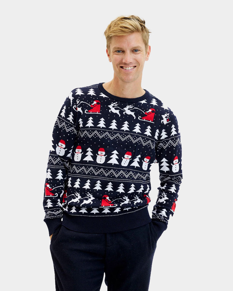 Ugly Christmas Sweater with Trees, Snowmens and Santa Men's