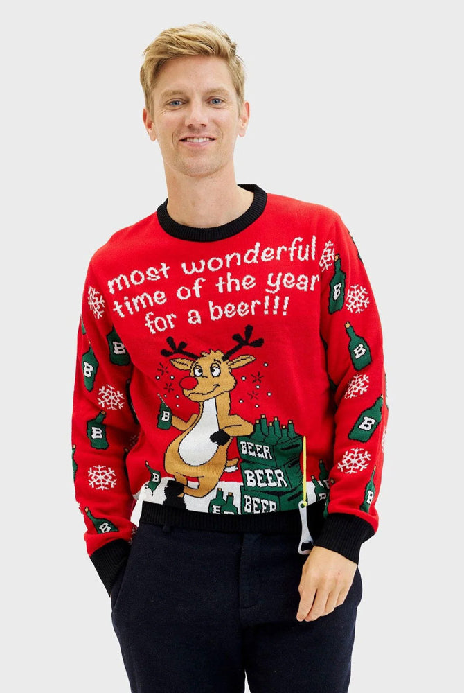 Womens Mens Ugly Christmas Sweater with Reindeer + Beer Opener