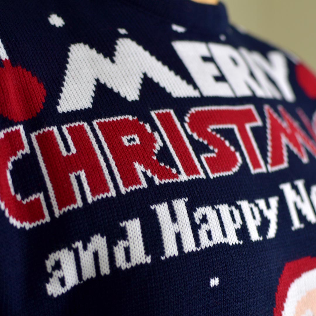 detail Merry Christmas and Happy New Year Couple's Ugly Christmas Sweater