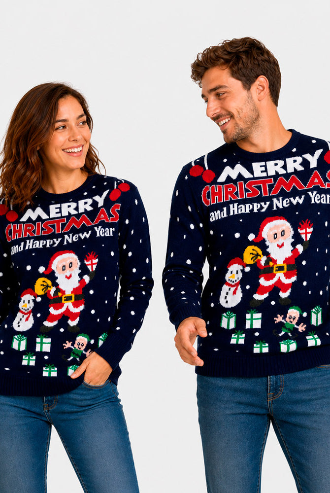 Womens Ugly Christmas Sweater 'Merry Christmas and Happy New Year Couple