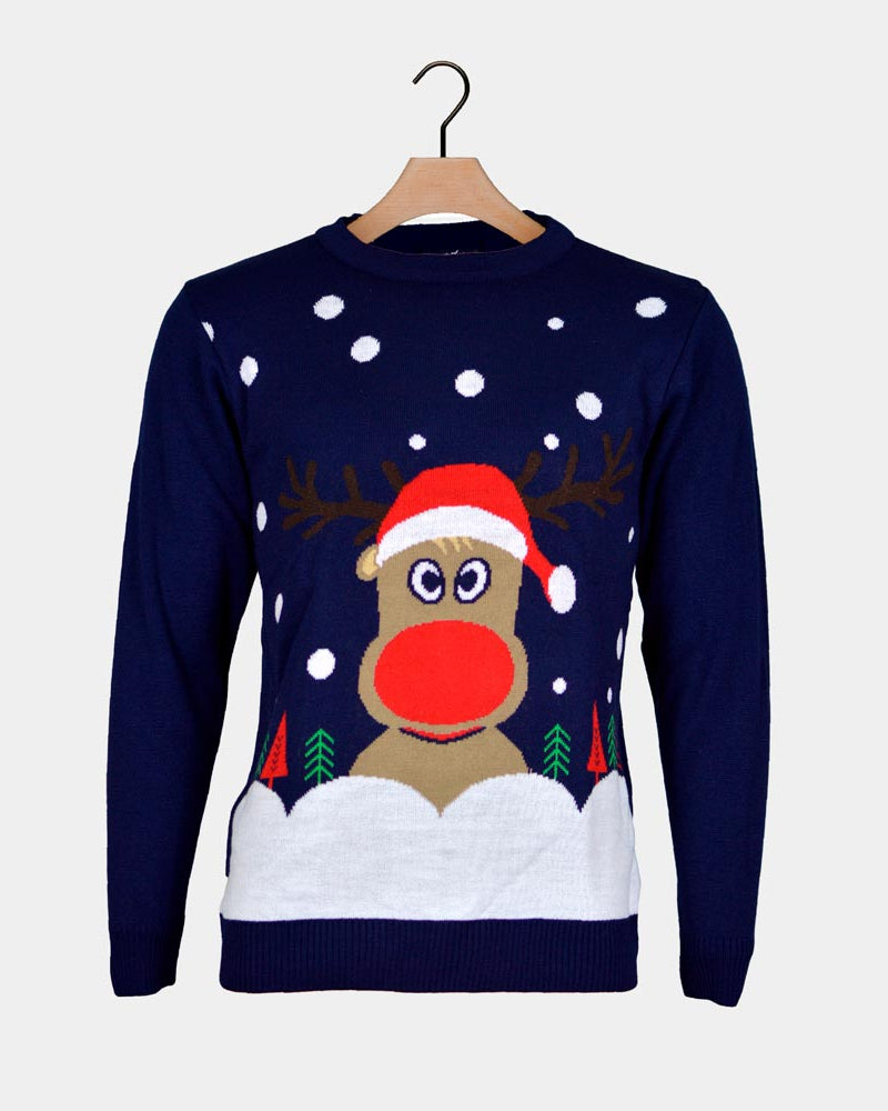 Navy Blue Couple's  Ugly Christmas Sweater with Reindeer and Snow