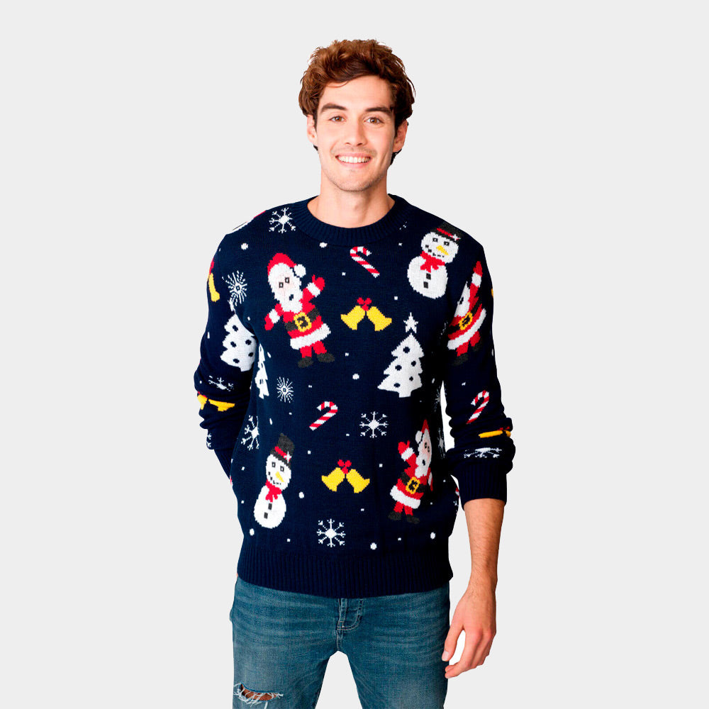Navy Blue Couple's Ugly Christmas Sweater with Santa and Snowmens Mens