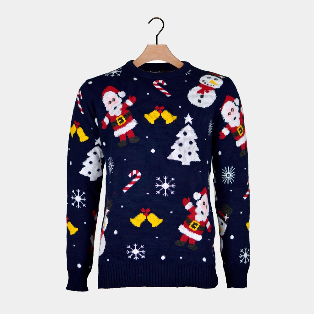 Navy Blue Couple's Ugly Christmas Sweater with Santa and Snowmensç