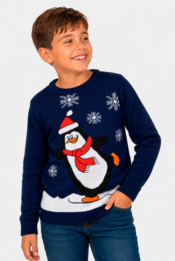 Navy Blue Family Ugly Christmas Sweater with Penguin Boy