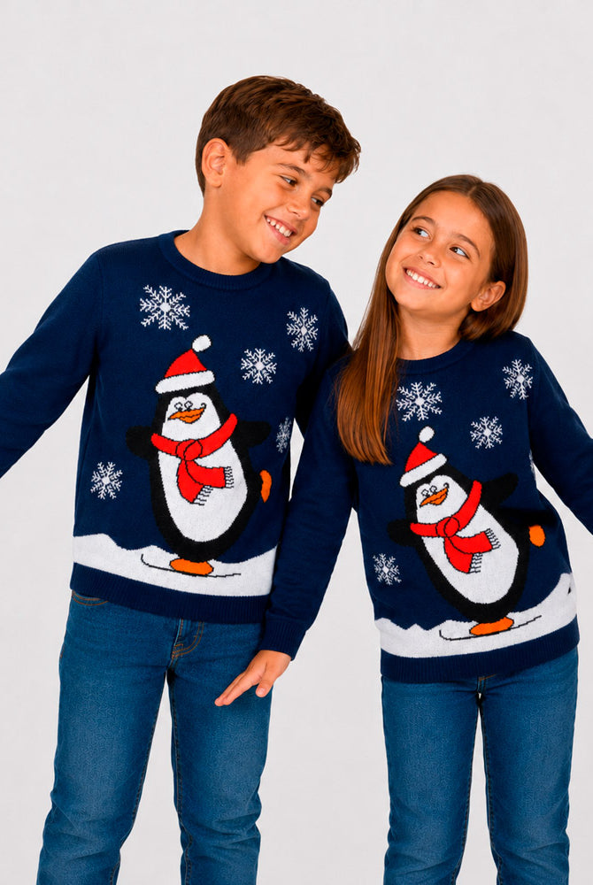 Navy Blue Family Ugly Christmas Sweater with Penguin Chlldren