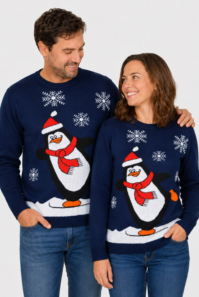 Navy Blue Family Ugly Christmas Sweater with Penguin Couple