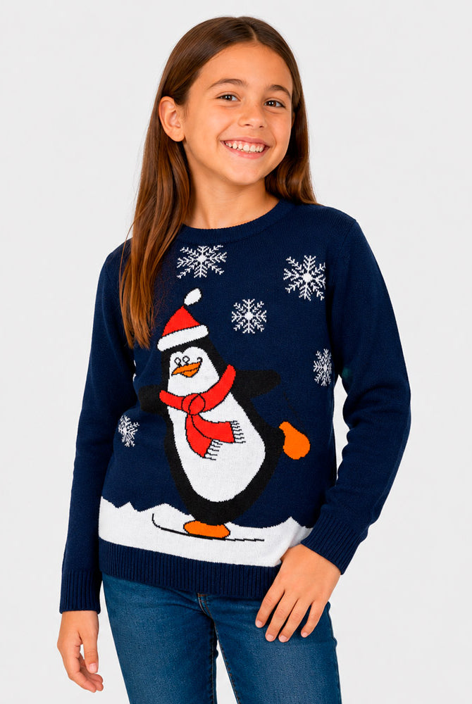 Navy Blue Family Ugly Christmas Sweater with Penguin Girl