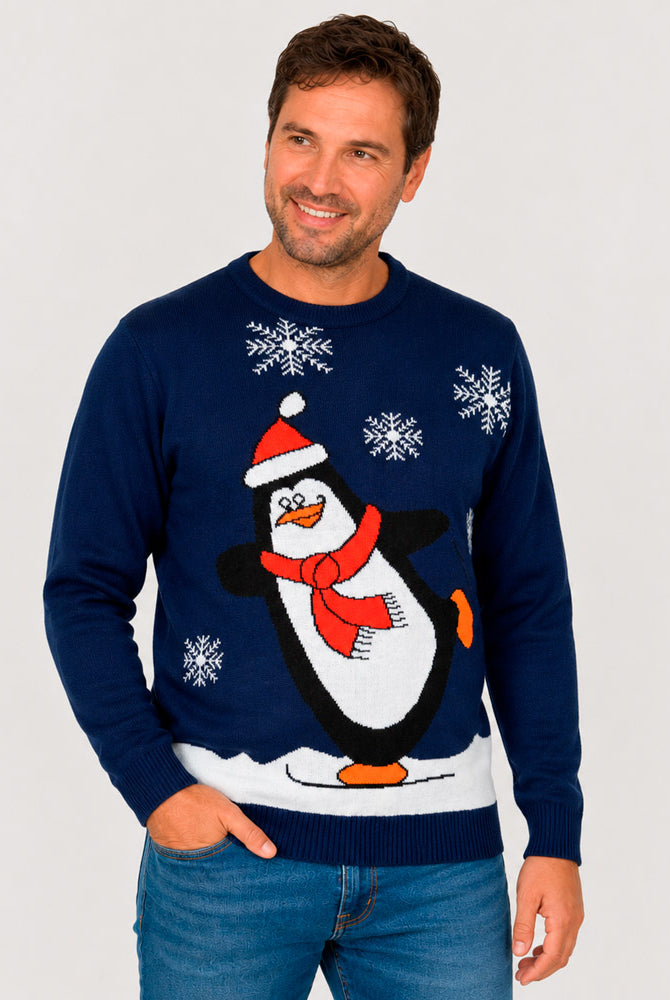 Navy Blue Family Ugly Christmas Sweater with Penguin Men