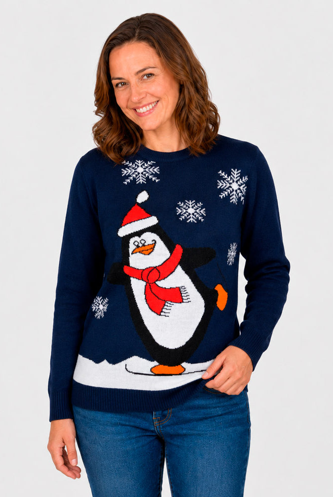 Navy Blue Family Ugly Christmas Sweater with Penguin Women