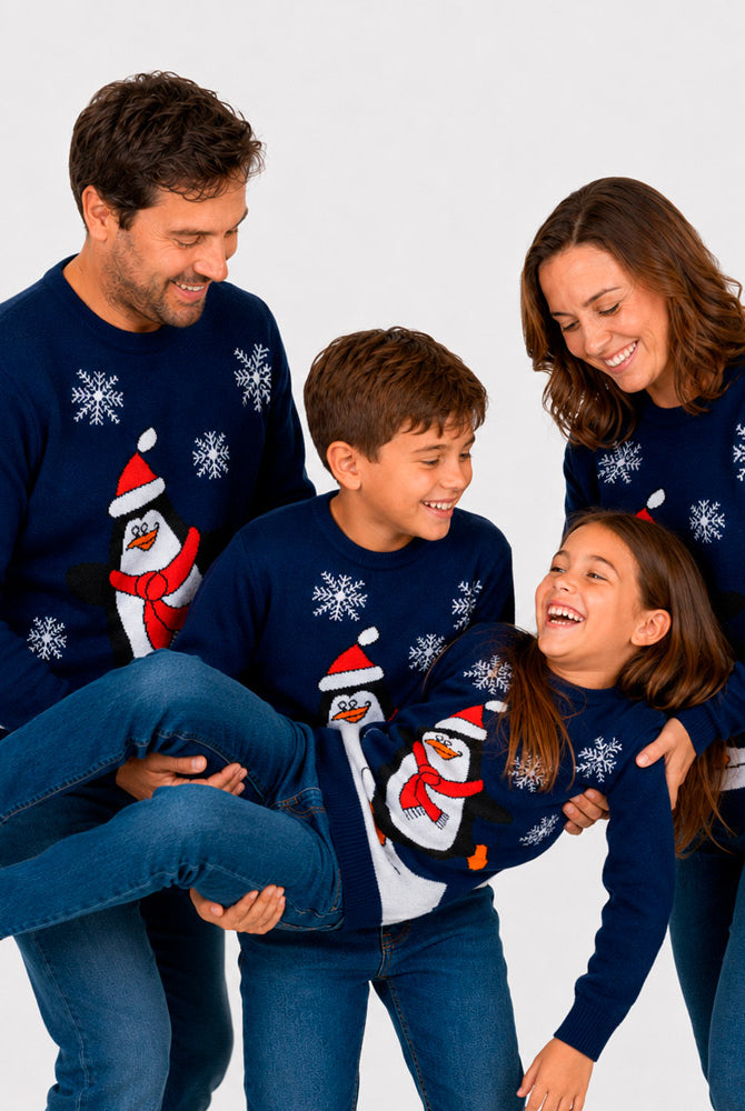 Navy Blue Family Ugly Christmas Sweater with Penguin