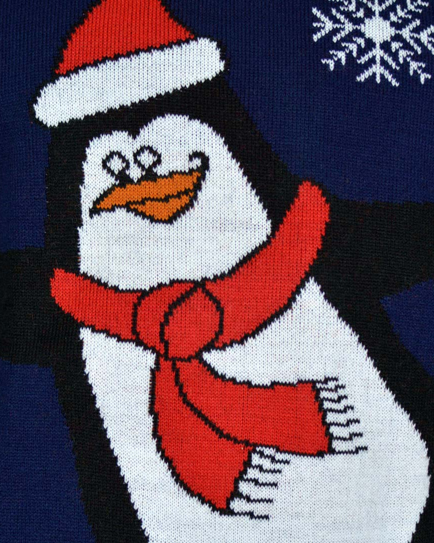 detail Navy Blue Men's Ugly Christmas Sweater with Penguin