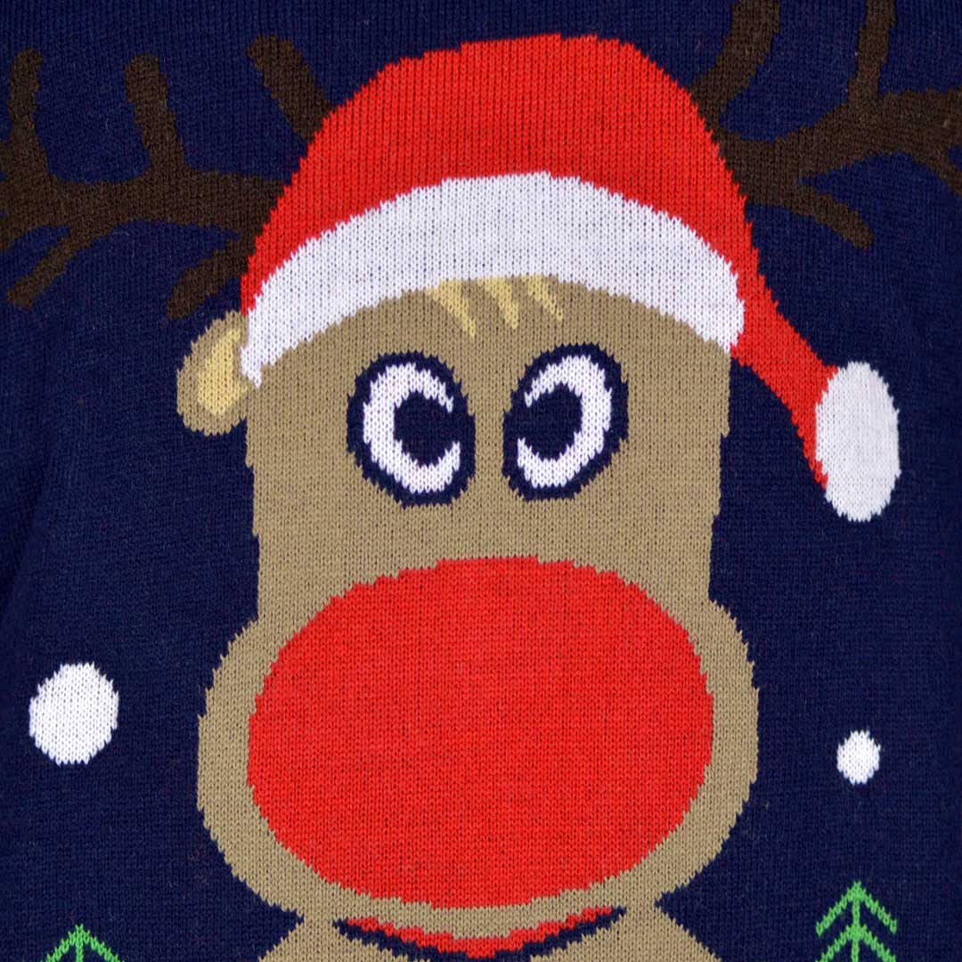 detail Navy Blue Men's Ugly Christmas Sweater with Reindeer and Snow