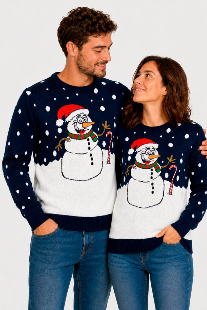 Navy Blue Ugly Christmas Sweater with Snowman Couple