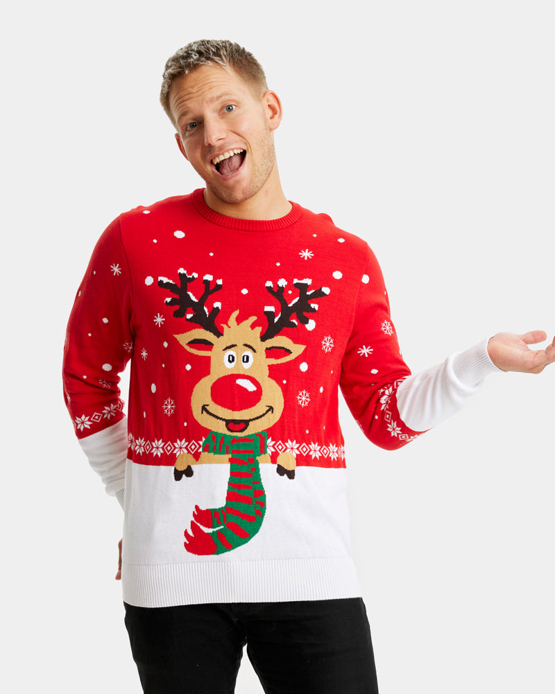 mens Organic Cotton Couple's Ugly Christmas Sweater Reindeer with Scarf