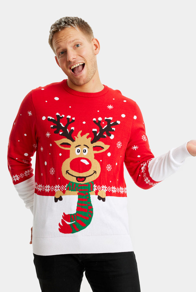 mens Organic Cotton Couple's Ugly Christmas Sweater Reindeer with Scarf