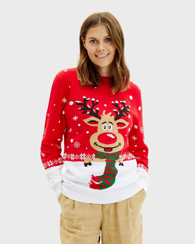 Organic Cotton Couple's Ugly Christmas Sweater Reindeer with Scarf womens
