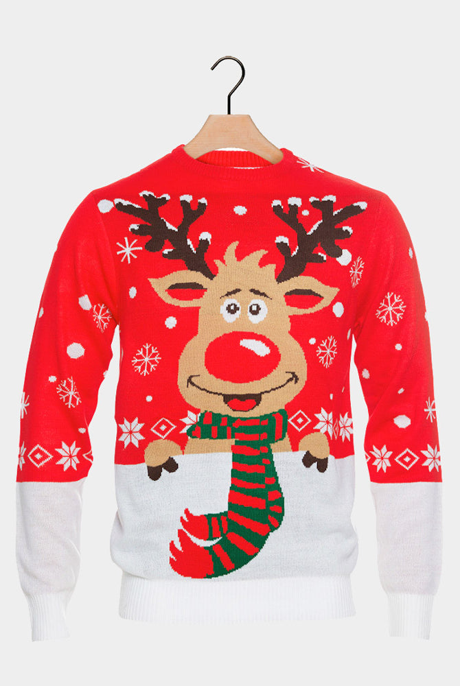 Organic Cotton Couple's Ugly Christmas Sweater Reindeer with Scarf