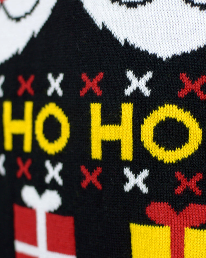Organic Cotton Couple's Ugly Christmas Sweater with Santa, Gifts and Snowmens detail