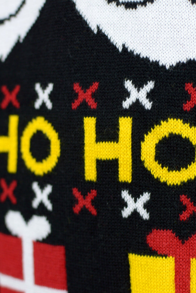 Organic Cotton Couple's Ugly Christmas Sweater with Santa, Gifts and Snowmens detail