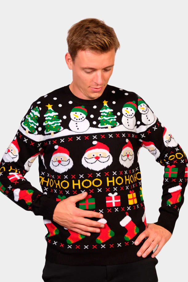 Mens Organic Cotton Couple's Ugly Christmas Sweater with Santa, Gifts and Snowmens