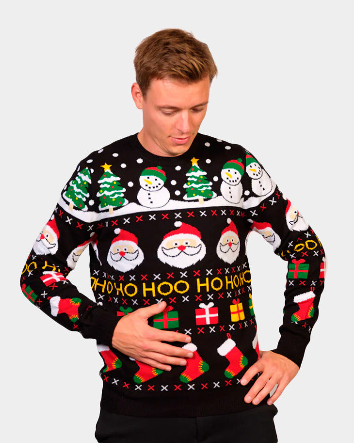 Mens Organic Cotton Couple's Ugly Christmas Sweater with Santa, Gifts and Snowmens