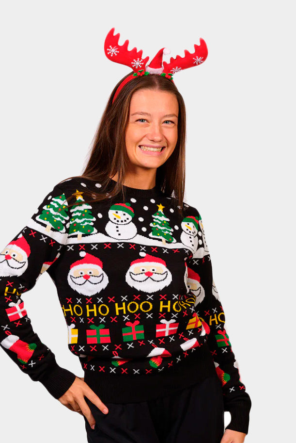 Organic Cotton Couple's Ugly Christmas Sweater with Santa, Gifts and Snowmens womens