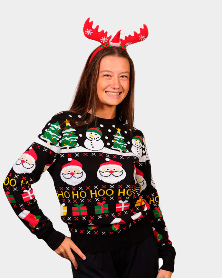 Organic Cotton Couple's Ugly Christmas Sweater with Santa, Gifts and Snowmens womens