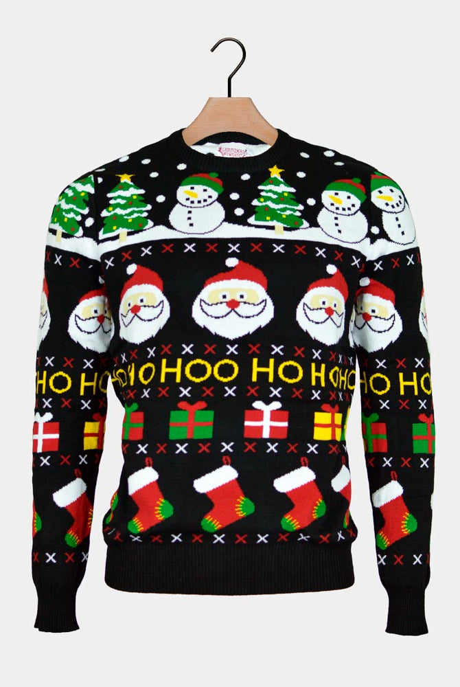 Organic Cotton Couple's Ugly Christmas Sweater with Santa, Gifts and Snowmens