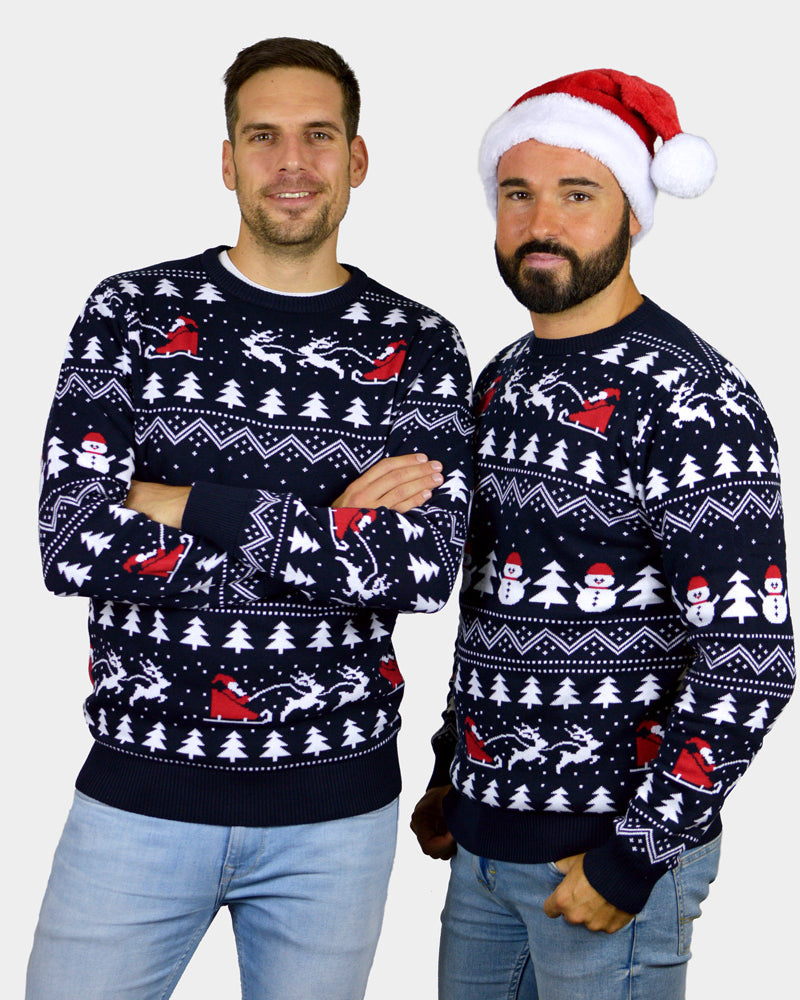 Organic Cotton Couple's Ugly Christmas Sweater with Trees, Snowmens and Santa Mens