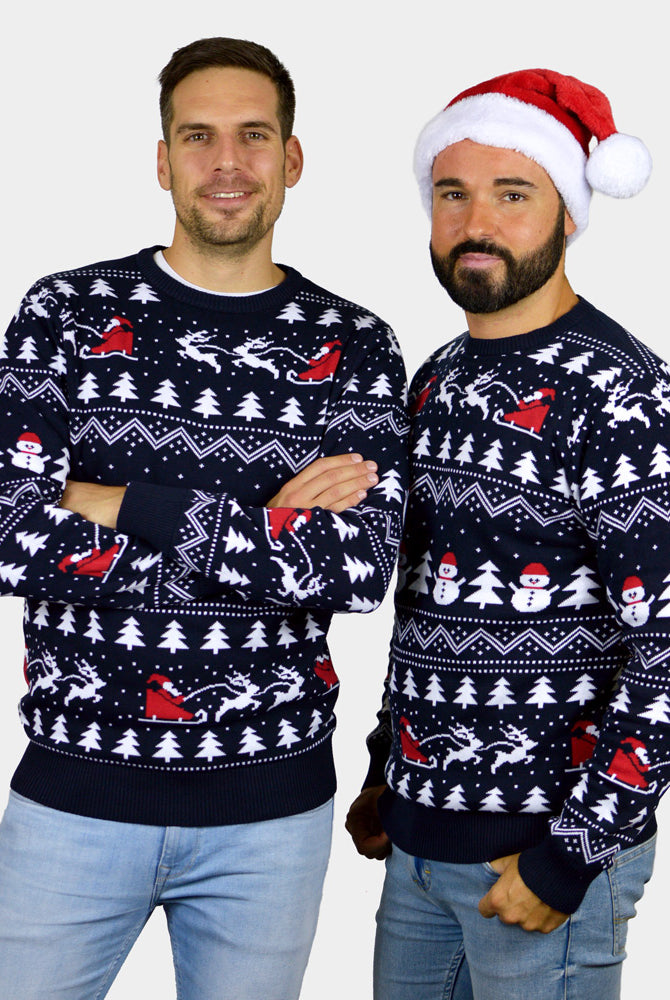 Organic Cotton Couple's Ugly Christmas Sweater with Trees, Snowmens and Santa Mens