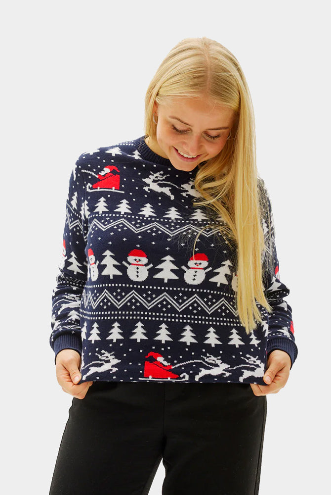 Organic Cotton Couple's Ugly Christmas Sweater with Trees, Snowmens and Santa Womens