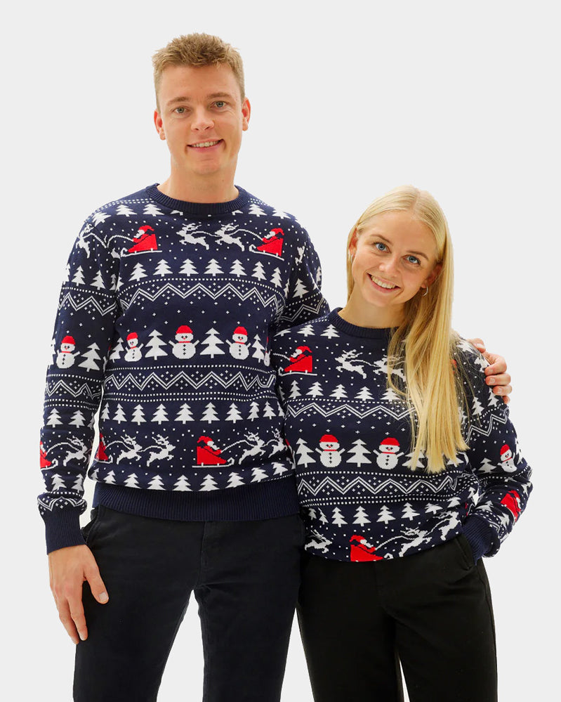 Organic Cotton Couple's Ugly Christmas Sweater with Trees, Snowmens and Santa