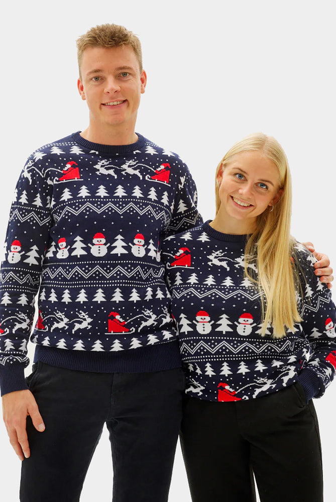 Organic Cotton Couple's Ugly Christmas Sweater with Trees, Snowmens and Santa