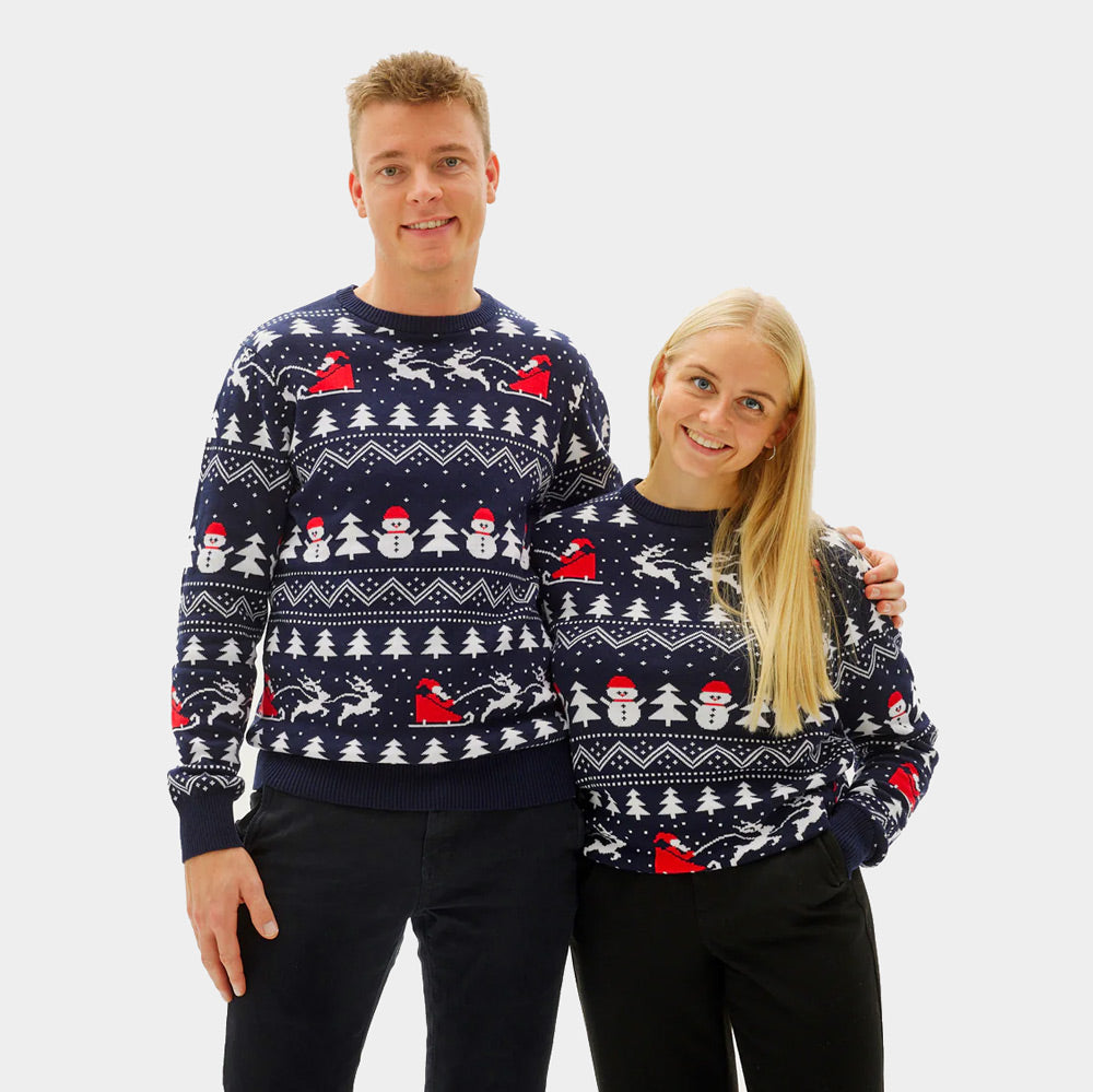 Organic Cotton Couple's Ugly Christmas Sweater with Trees, Snowmens and Santa