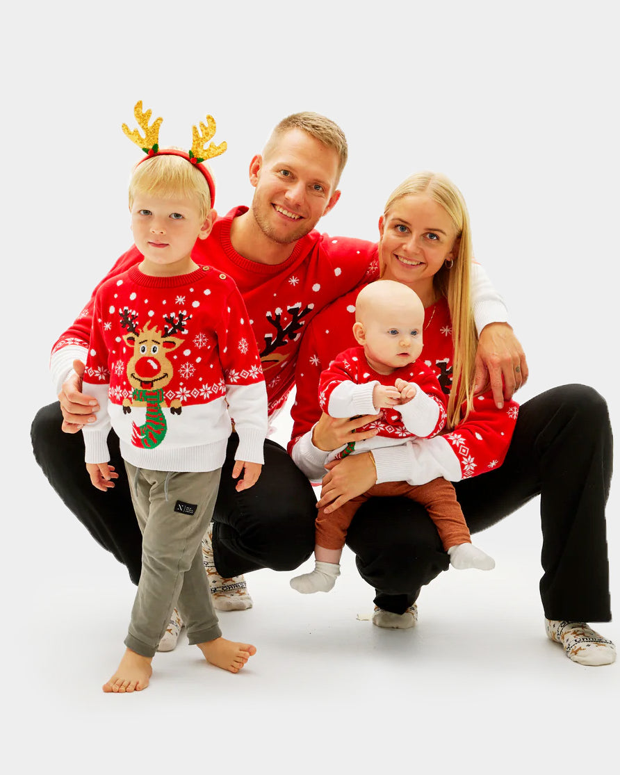 Organic Cotton Family Ugly Christmas Sweater Reindeer with Scarf