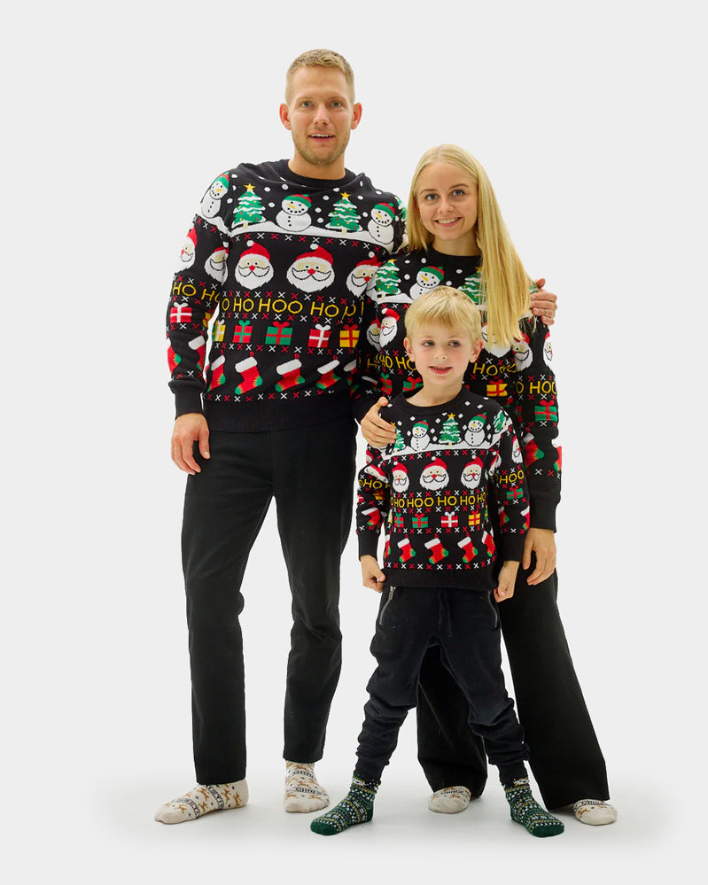 Organic Cotton Family Ugly Christmas Sweater with Santa, Gifts and Snowmens