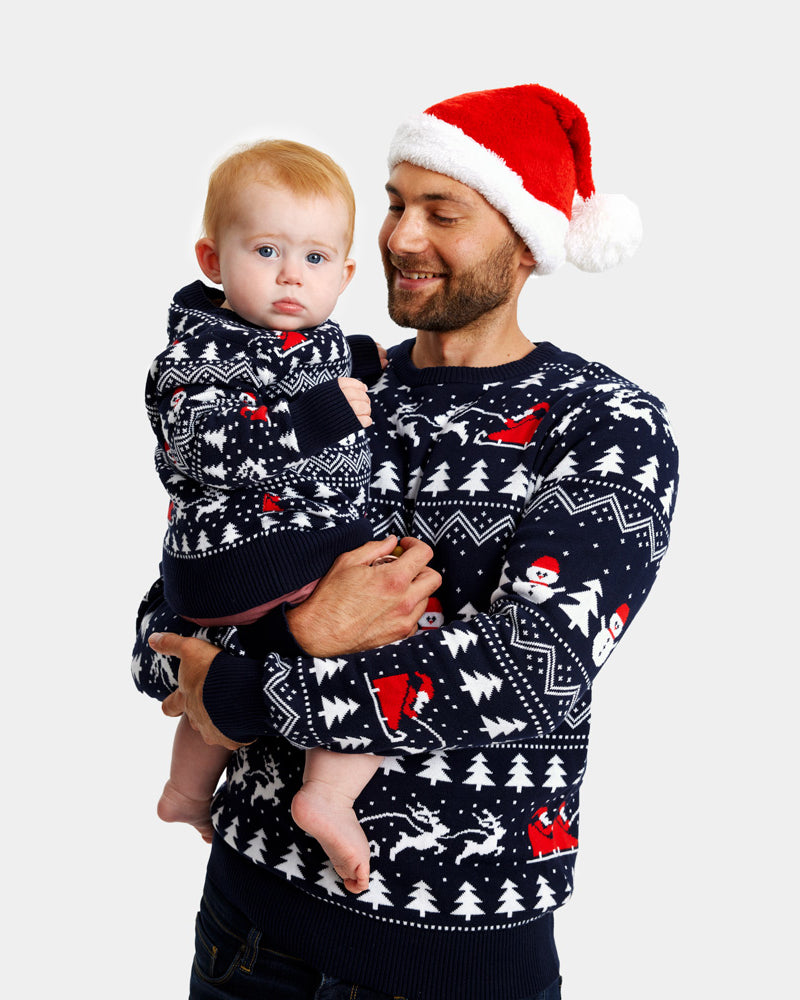 Organic Cotton Family Ugly Christmas Sweater with Trees, Snowmens and Santa